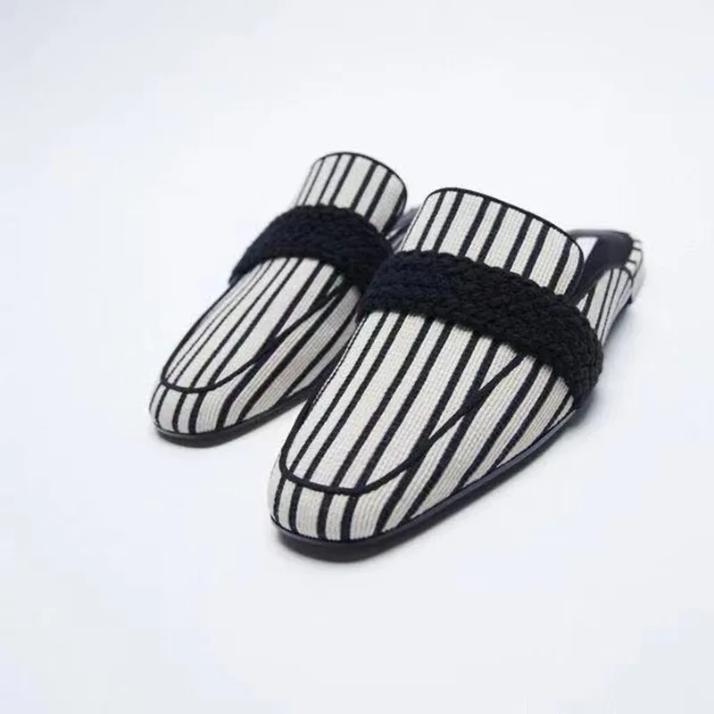 

Mules Fashion Stripe Lazy Flat Shoes For Women 2022 Autumn Black Round Head Simple Slipper Closed Toe Backless Half Snug Slides