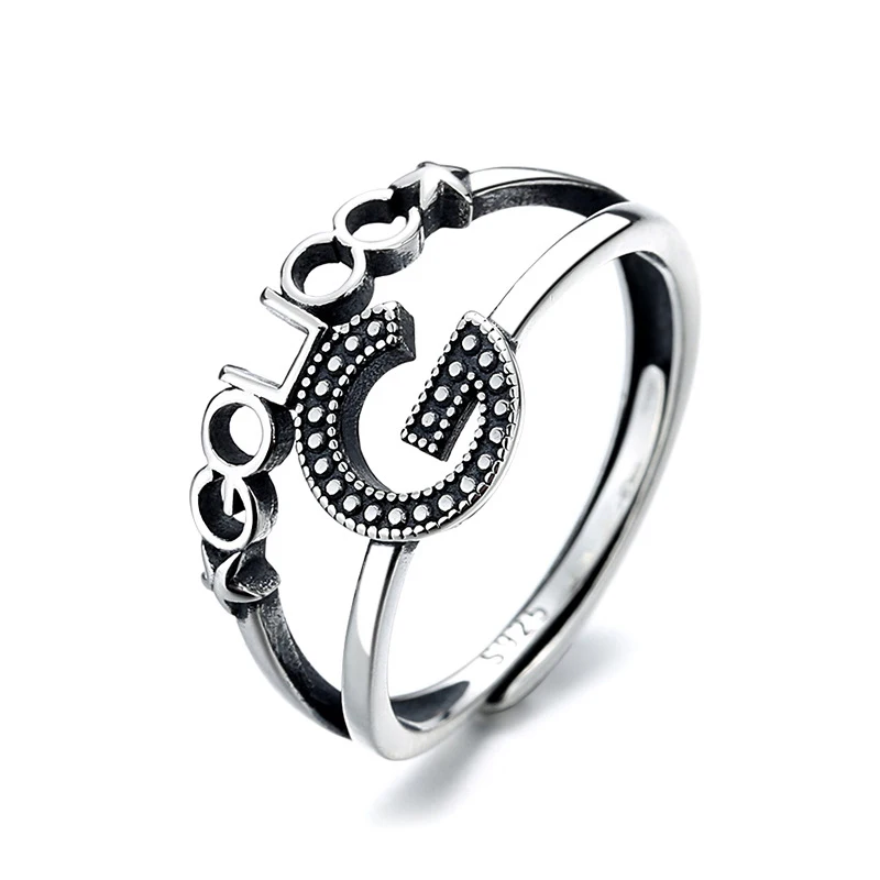 

S925 Silver Original Women's Ring Retro Craft Double Letter Hip Hop Couple Rrings Opening Resizable Wedding Gift Fine Jewelry