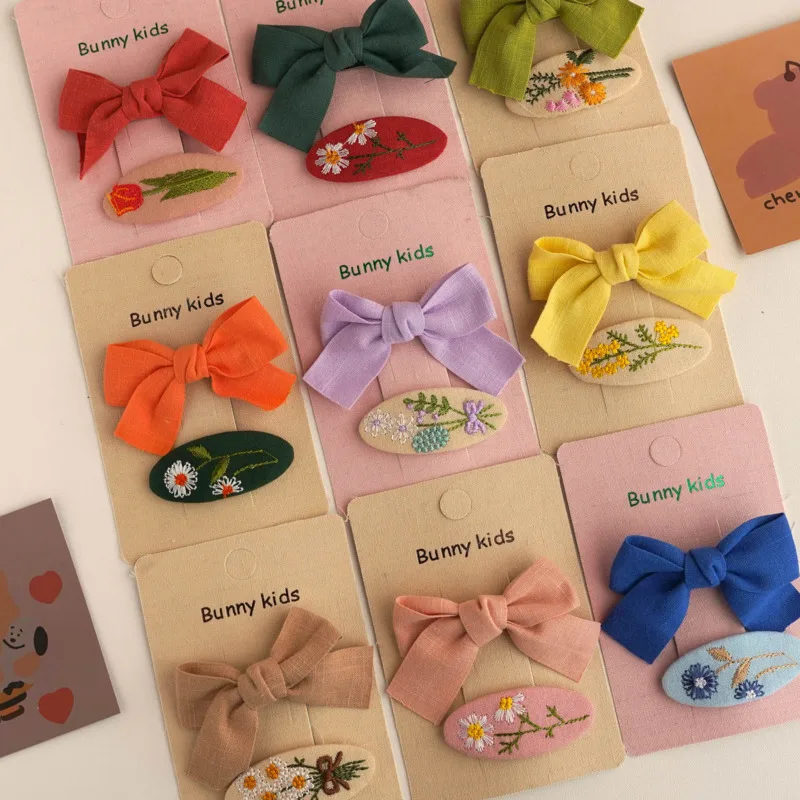 

2PCS Set Cloth Embroidered Flowers Solid Color Bow Hair Clips For Girl Children Cute Kawaii Toddler Hairpin Fashion Accessories