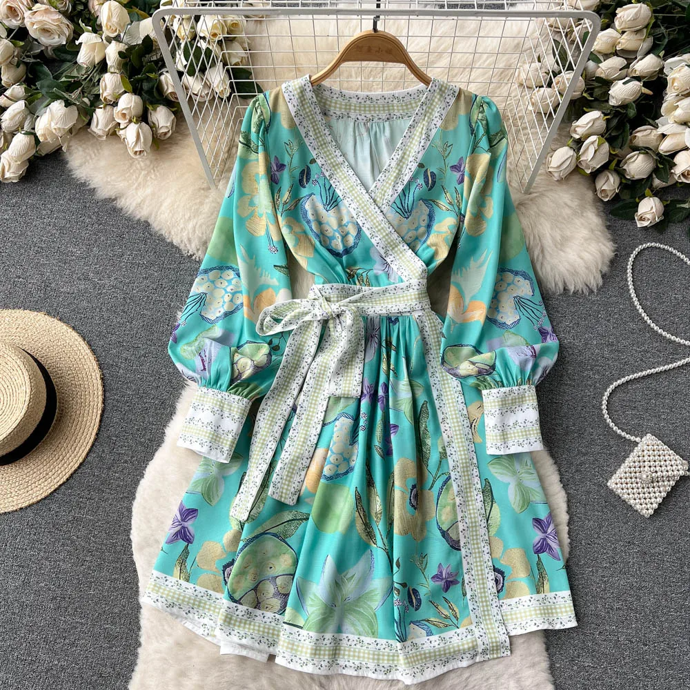 

Summer Women Fashion Pleated Floral Print Dress 2023 Spring Runway V Neck Sashes Ladies Beach Party A Line Vestdios M2298