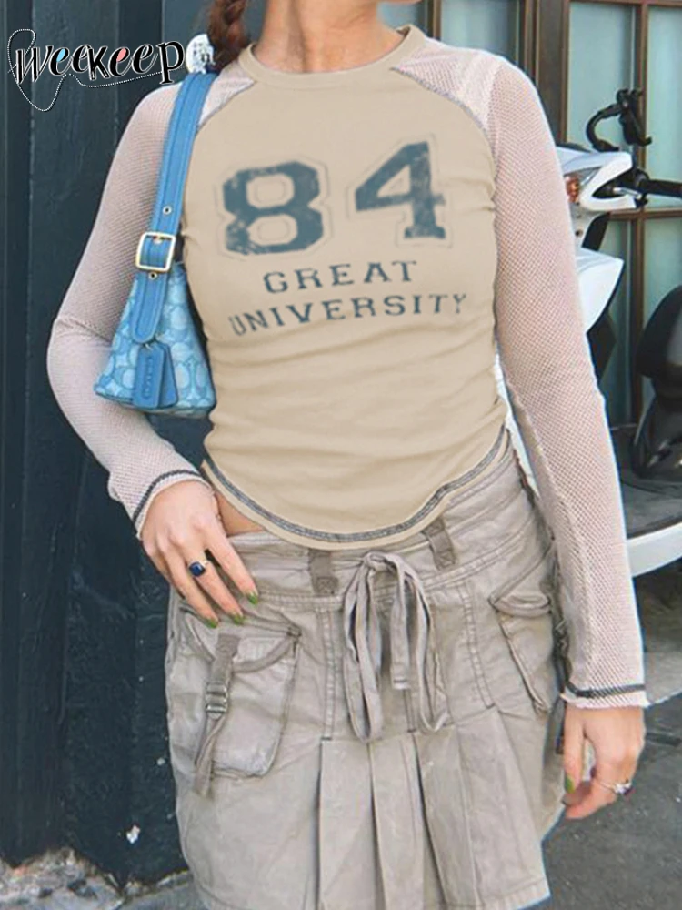 

Weekeep Harajuku Stitched Crop Top Casual Letter Print Slim Mesh Full Sleeve T-shirt Basic Streetwear Women Tee Shirts y2k Chic