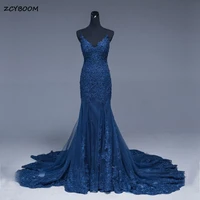 2022 elegant sleeveless v neck navy blue mermaid spaghetti straps prom dresstulle lace appliques evening dress robe soir%c3%a9e femme