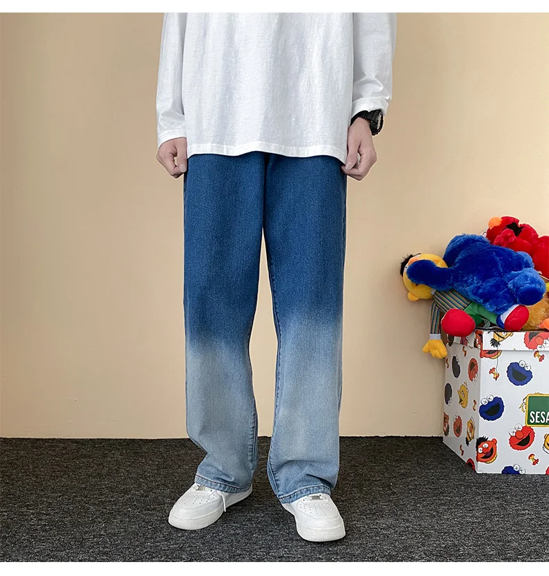 New Men's Jeans Korean Version of The Trend Gradient Blue Loose Straight Denim Trousers Wide-leg Pants Fashion Casual Streetwear