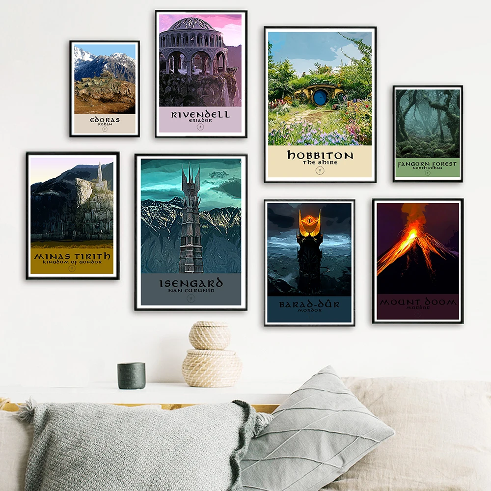 

Настенная картина средней земли в стиле ретро Landscpae, плакаты из известных фильмов, винтажные настенные картины с картой, картины на холсте д...