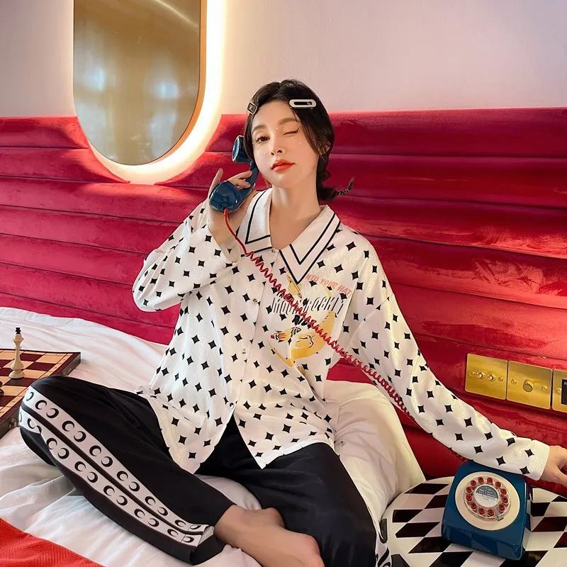 

Thin ice silk new pajamas women cute star cartoon print home clothes pajama set