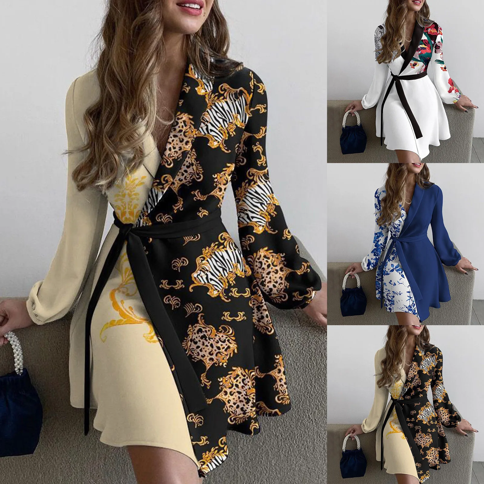 

Dress Women Midi Women's Vintage Prom Dress Long Sleeve Artistic Printed Lapel V Neck Wrap Elegant Chambray Striped Dress