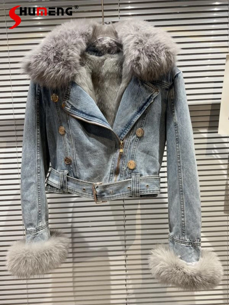 

Winter Warm Fox Fur Collar Rabbit Fur Lining Short Blue Denim Coat 2023 New Women's Metal Buckle Zipper Long Sleeve Jean Clothes