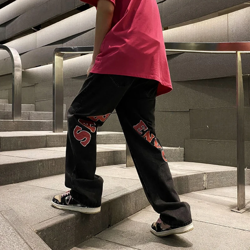 Men's Traf High Street Printed Black Slim Jeans Y2K Clothes Streetwear Straight Pants Wide Leg Jeans Hip-hop Trousers For Men