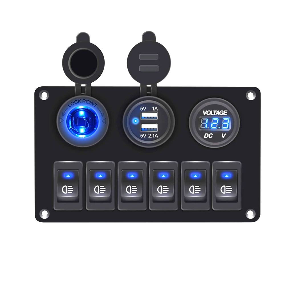 

6 Gang Boat Switch Panel Digital USB Charger Car Switch Panel Waterproof 12V Outlet Combination Marine LED Rocker