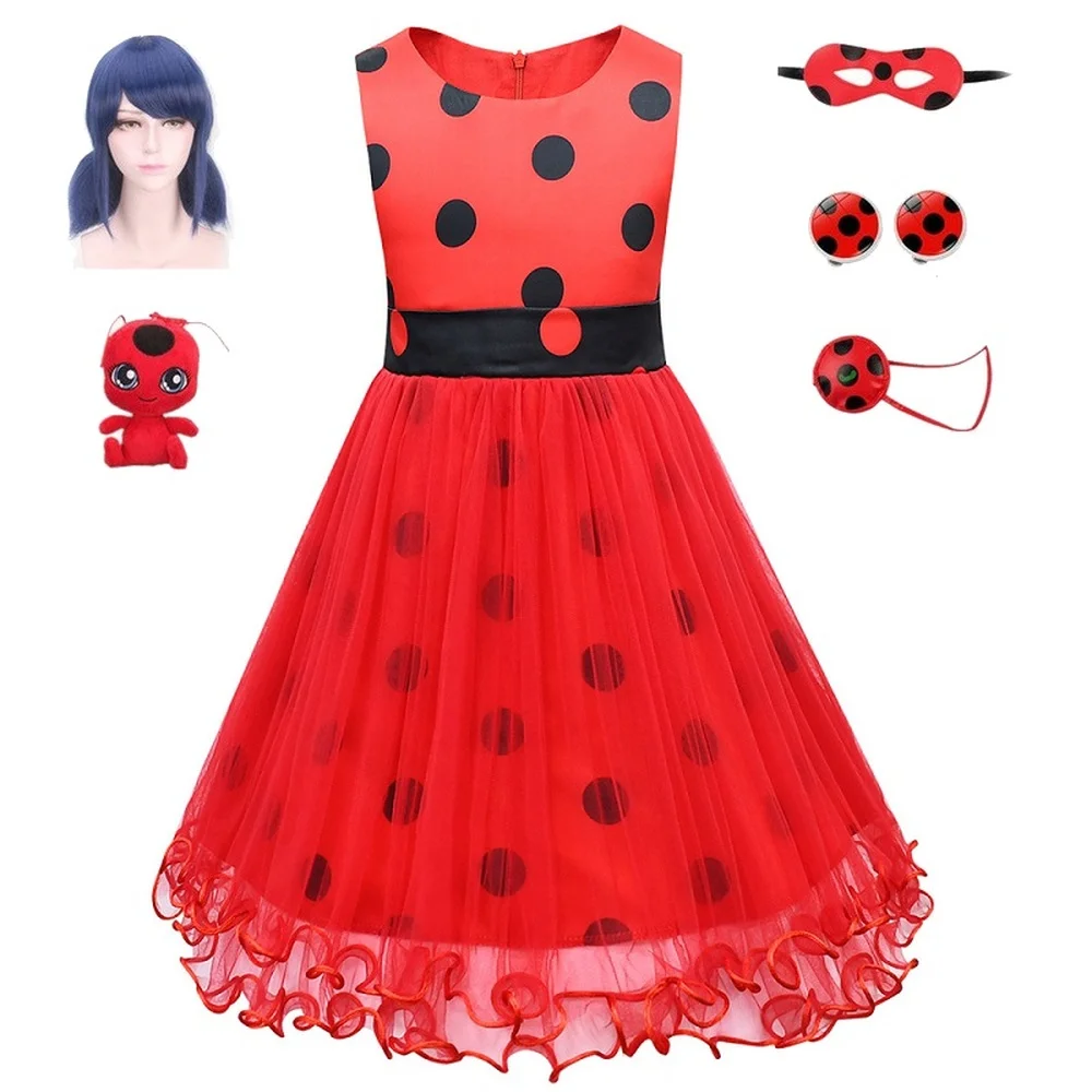 

Marinette Costumes Girls Red Polka Dot Puffy Dress Purim Girl Birthday Party Princess Cosplay Reddy Dress Redbug Doll Earrings