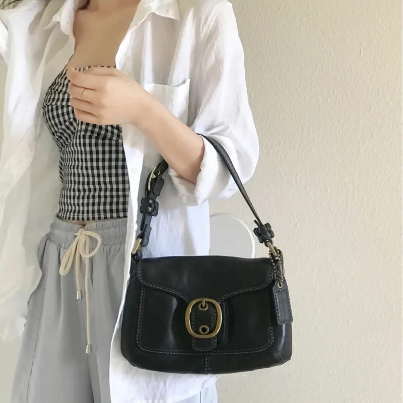 French Style Vintage Black Leather Underarm Bag for Women Y2K Spicy Girl Retro Shoulder Bag Female Armpit Bag 2023 Autumn