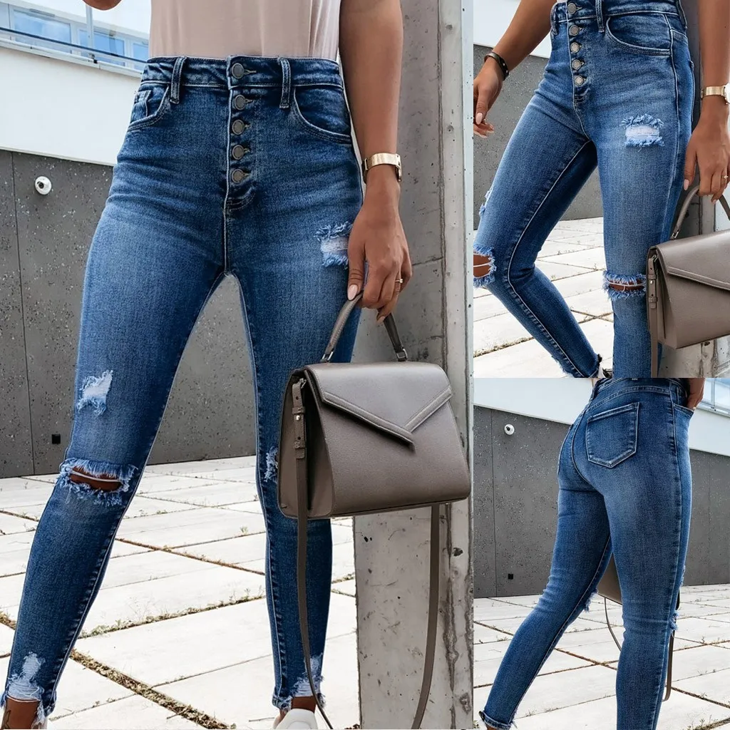

Woman Jean Pants Cotton Denim Skinny Casual Pocket Jeans Hole Button Pants Denim Principle Pants Flying Monkey Jeans Women 28