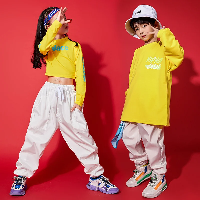 

Hip Hop Clothing Sweatshirt Crop Top Long Sleeve White Streetwear Jogger Pants for Girl Boy Jazz Dance Costume Clothes