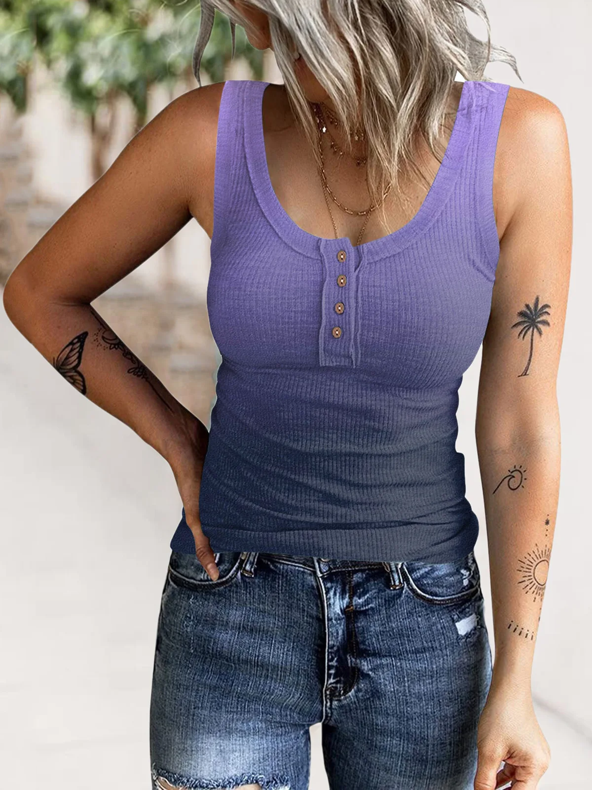 

Summer Casual Comfortable Button Line Gradient Print Vest T-shirt Women