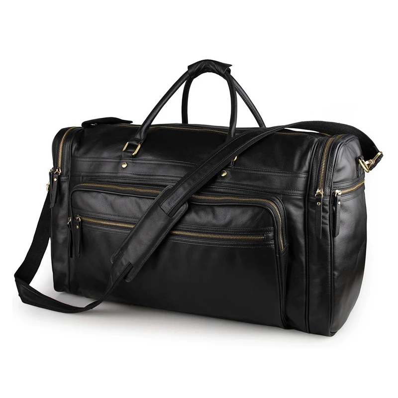 

New High Capacity Black Leather Travel Bag of Men Soft Cowskin Travel Duffle Bag Roomy Big Size 60cm Totes Far Away Travel