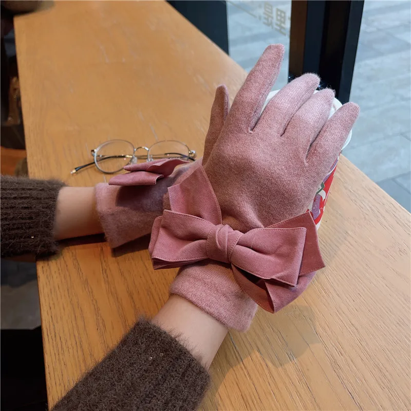 

Woolen Five-finger Women's Gloves New Fresh Bow Sweet Simple Touch Screen Cashmere Autumn and Winter Models Plus Velvet Thicken