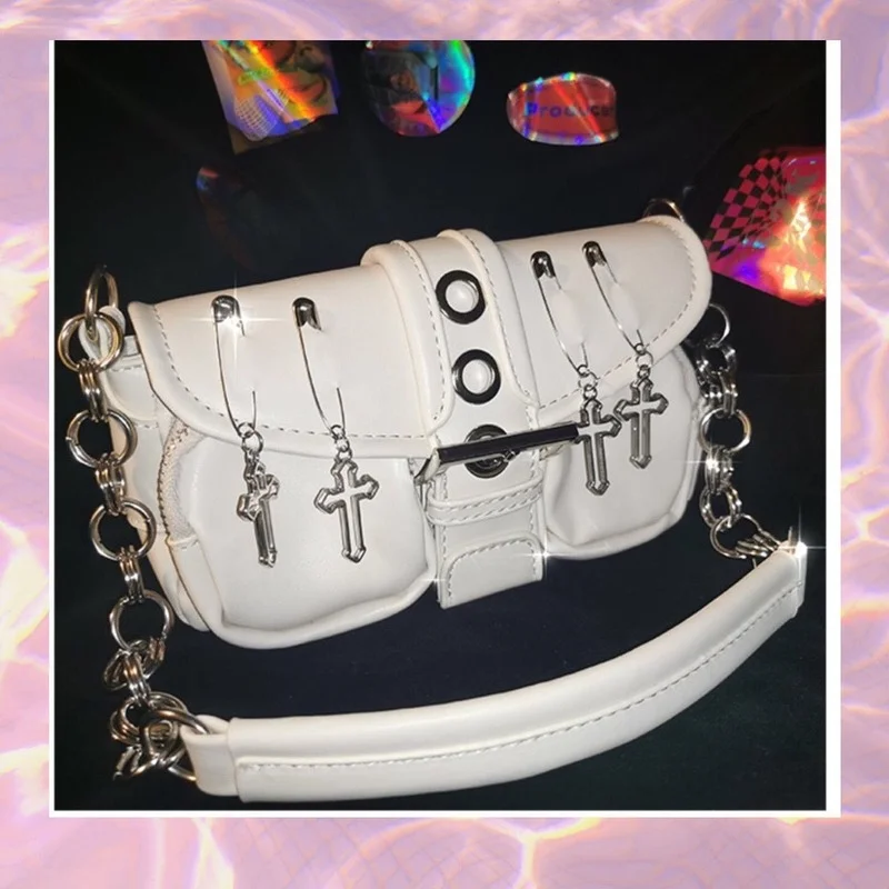 Xiuya Vintage Gothic Shoulder Bag Women 2021 Harajuku Punk Pin Cross Crossbody Bags Solid PU Leather Womens Handbag Pouch | Багаж и сумки