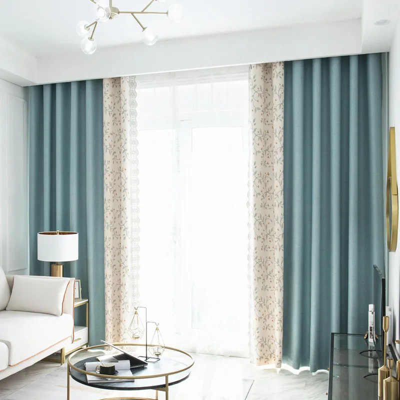 

Modern American Curtains for Living Room Bedroom Solid Color Cotton and Linen Stitching Blackout Children's Bay Embroidery Head