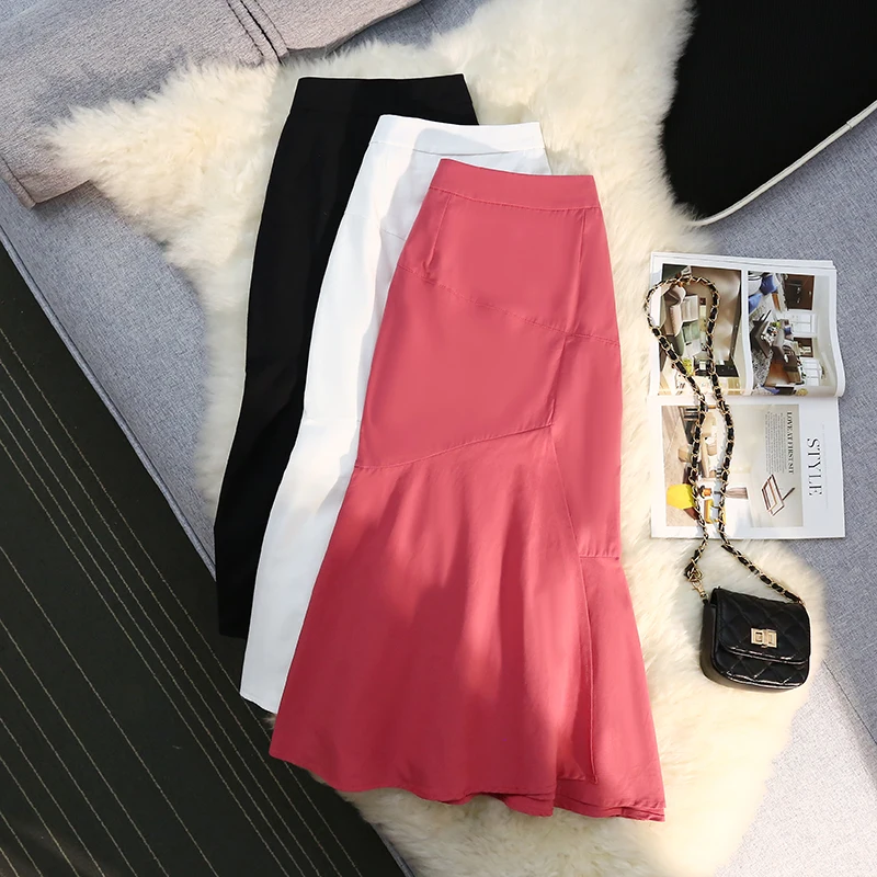 

Summer Skirts Womens Trumpet White Mid Length Casual Asymmetrical Elastic Waist Mermaid Korean Fashion Clothing Summer 2022