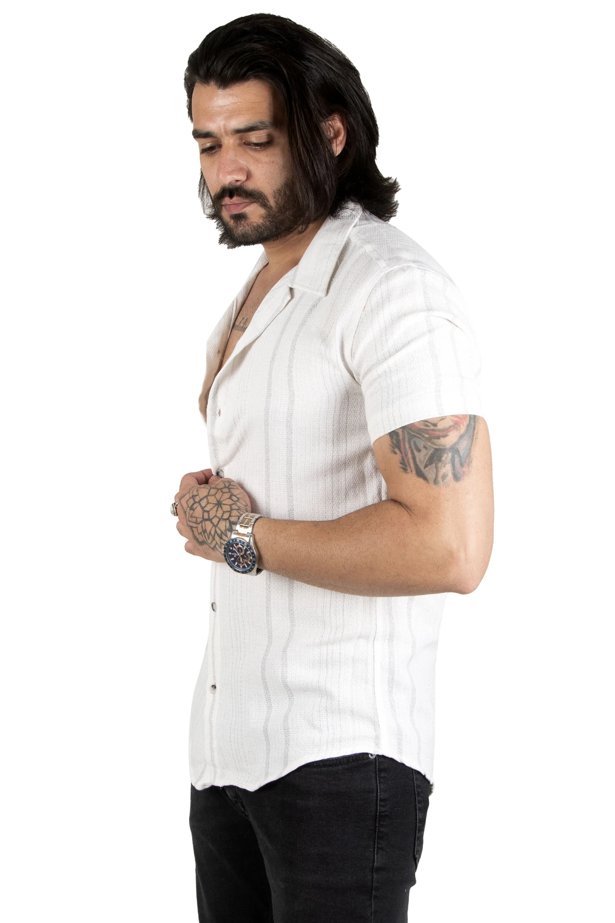 DeepSEA line patterned buttoned apac collar raw linen short sleeve men's shirt 2201913