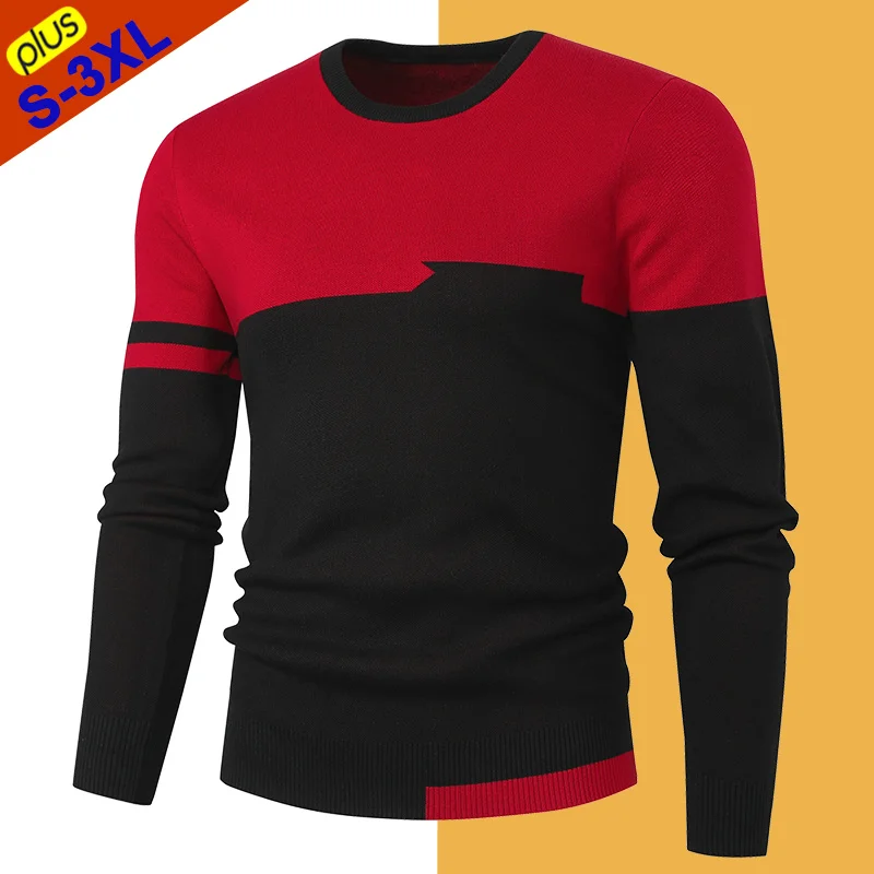 

High Quality Sweater Men Pullover Fashion Slim Sweater Knitwear Jumper Man Patch Work Male Jersey Top Boy Sweatshirt Red Black