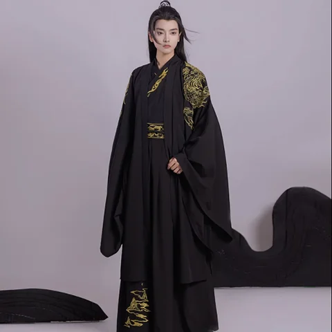 Традиционный китайский костюм для косплея Hanfu для мужчин, старинная модель, мужской костюм на Хэллоуин, черный костюм ханьфу, 3 шт. в комплекте, приблизительно 2XL