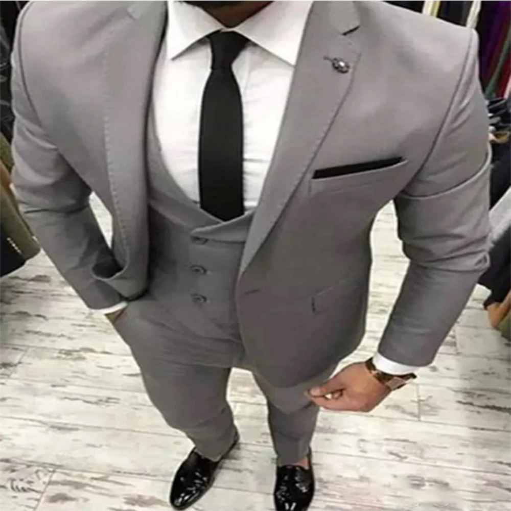 3 Pieces Slim Fit Grey One Button Groom Tuxedos Wedding Suit For Men Formal Business Prom Party Suit(Jacket+Pants+Tie+Vest)