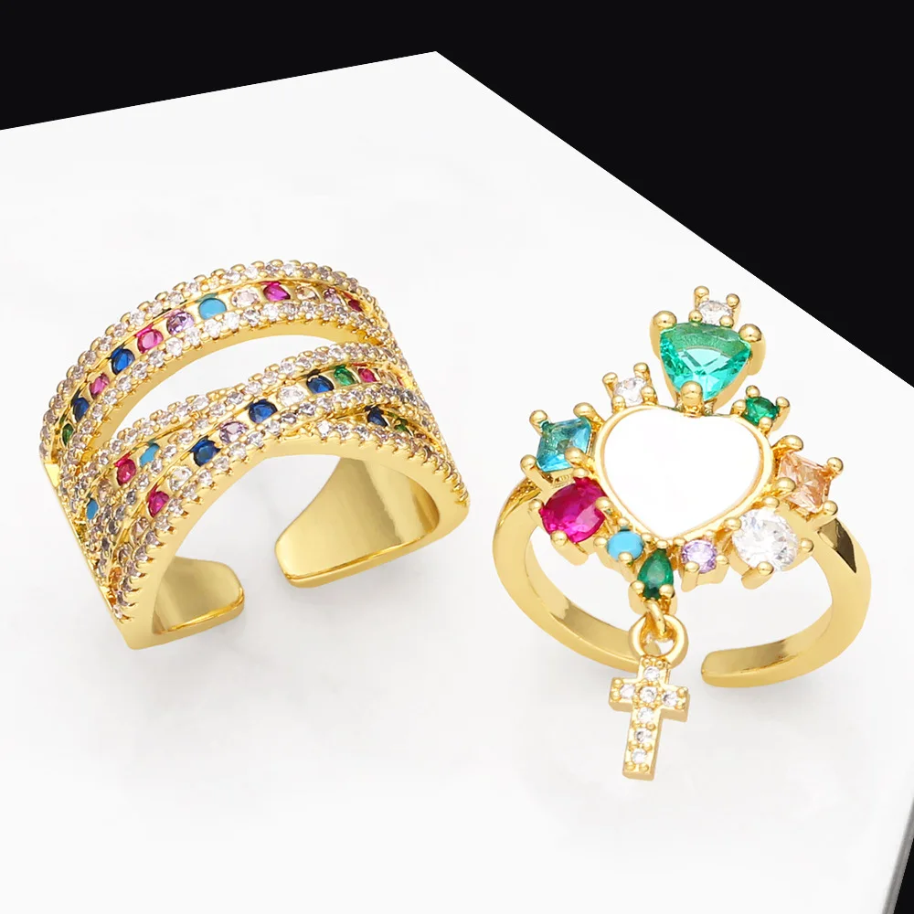 

Hot Sale Luxury Women Engagement Ring Full Paved Multicolor Zircon Gold Color Elegant Simple Jewelry Open Adjustable Ring