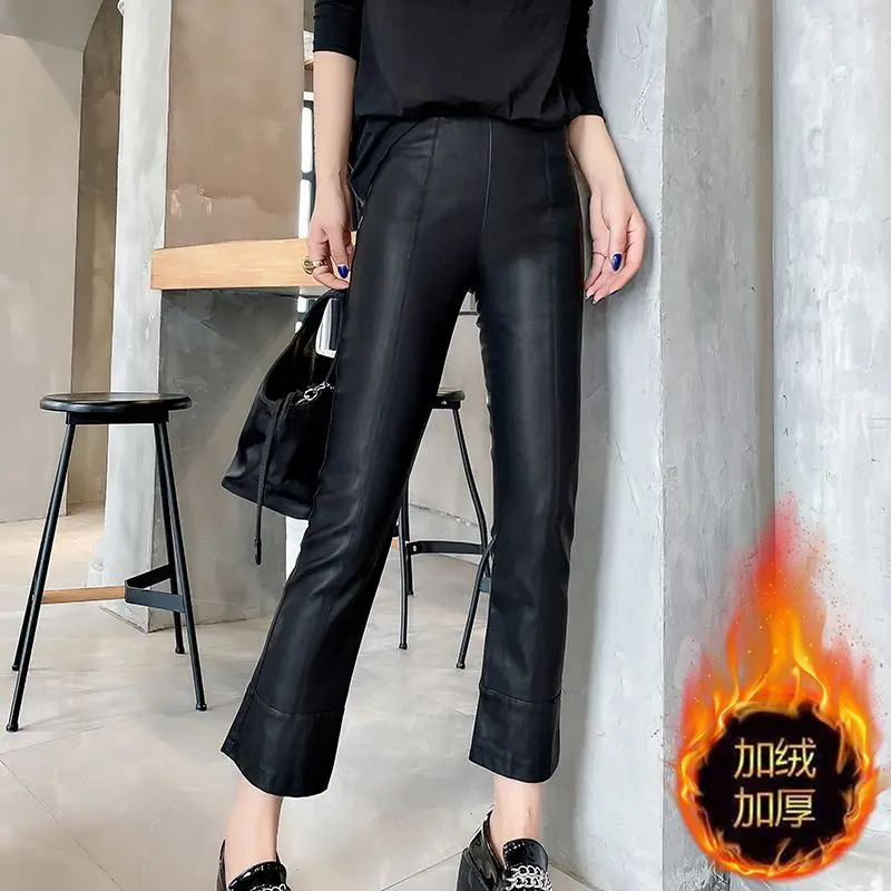 

-Lined European Goods Autumn and Winter New Slim-Fit Slimming PU Leather Pants Women's Black All-Match Fashionable Cropped Pants