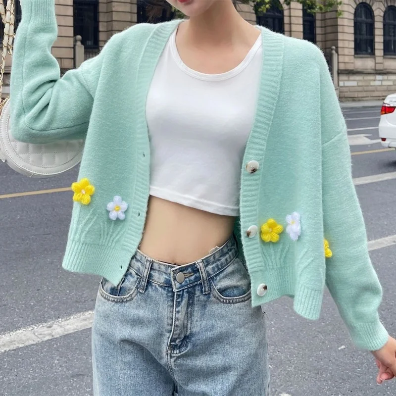

Cardigans sweater short ladies knitted cardigan sweater coat women 2022 spring and autumn loose long sleeve v neck outer sweater
