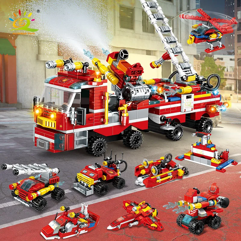 HUIQIBAO City Fire Fighting 8in1 Trucks Car Вертолет Лодка Строительные блоки Фигурки пожарных