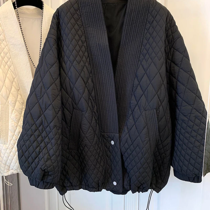 Female V-neck Long-sleeved Long-sleeved Parka Coat Women's Clothes Fashion 2021 Autumn and Winter New Loose Stitching Jacket