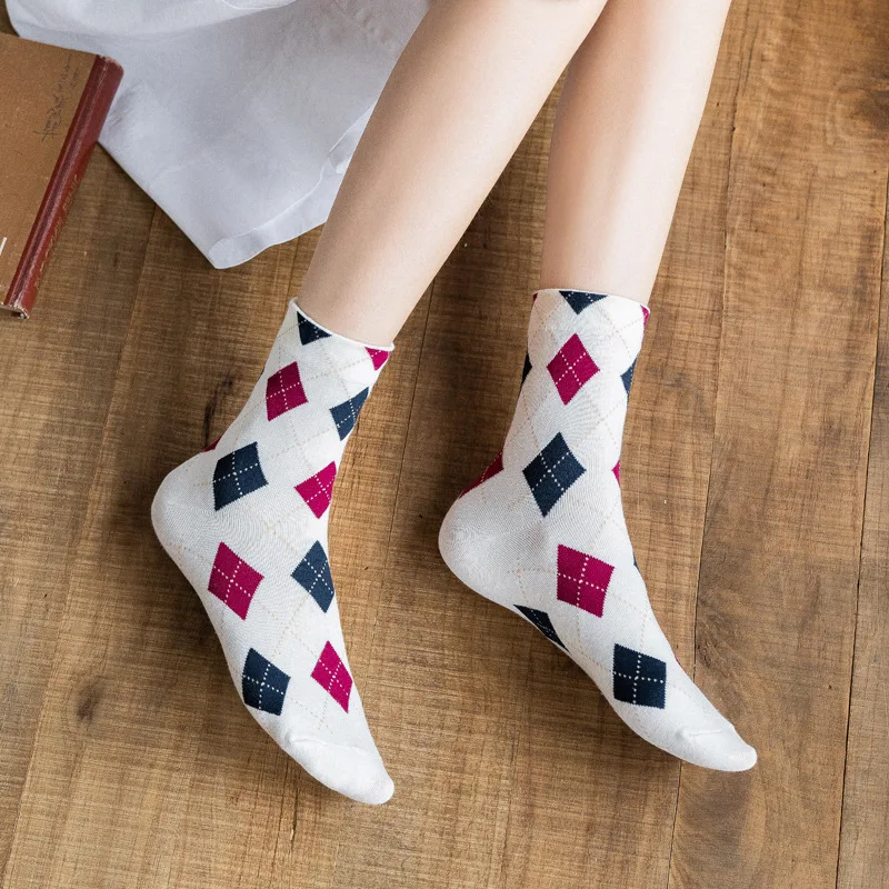 5 Pairs Korean Japanese Cute Kawaii Cartoon Women Socks Ins Student Colorful Diamond Plaid Casual Tube Socks