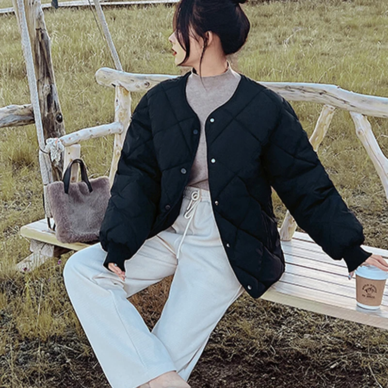 Winter New Rhombus Plaid Cotton Coat Loose Fashion Solid Women's Single Breasted Warm Parka Casual Long Sleeve Fleece Jacket