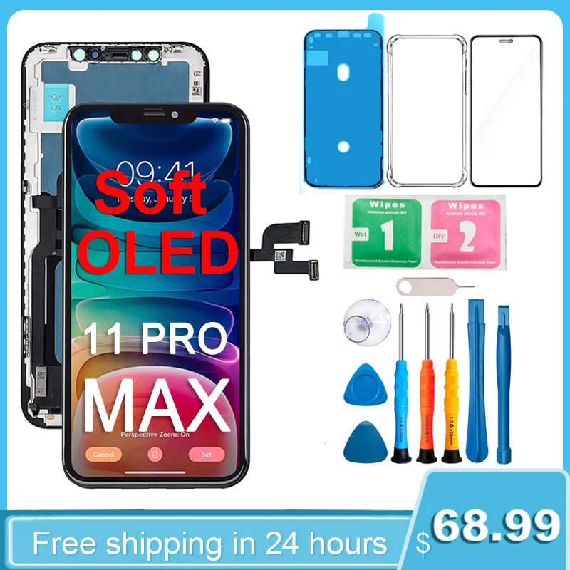

In Stock 100% LCD Display For iPhone 11 Pro Max Touch Screen Replacement No Dead Pixel +Tempered Glass + Case + Tools