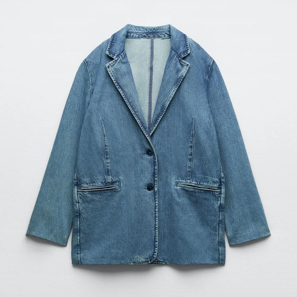 

Женский джинсовый пиджак с длинным рукавом, с застежкой