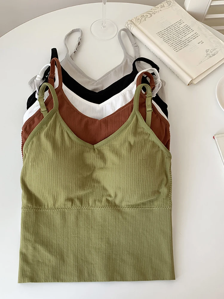 

ITOOLIN Women Solid Color With Sports Suspender Camis With Bra Basic Underwear Padded Bra Sleeveless Tops Slim Bodice Women