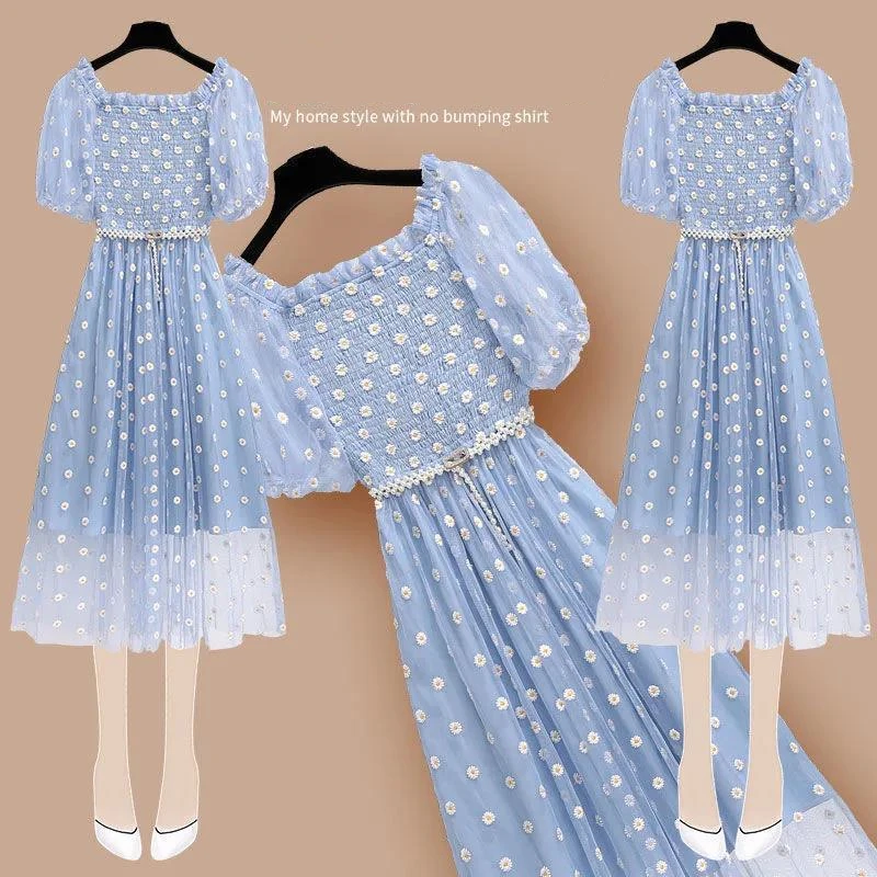 

Women's Summer Sweet Daisy Mesh Midi Dress 2022 New Korean Graceful Square Puff Sleeve Dresses with Waistband Lady Travel Gown