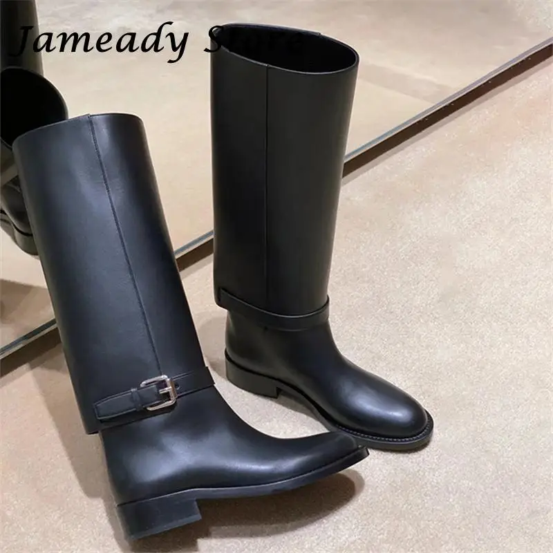 

Genuine Leather Designer Knight Boots Women Fashion Belt Buckle All Match Slip On Knee High Shoes Thick Bottom Platform Botas