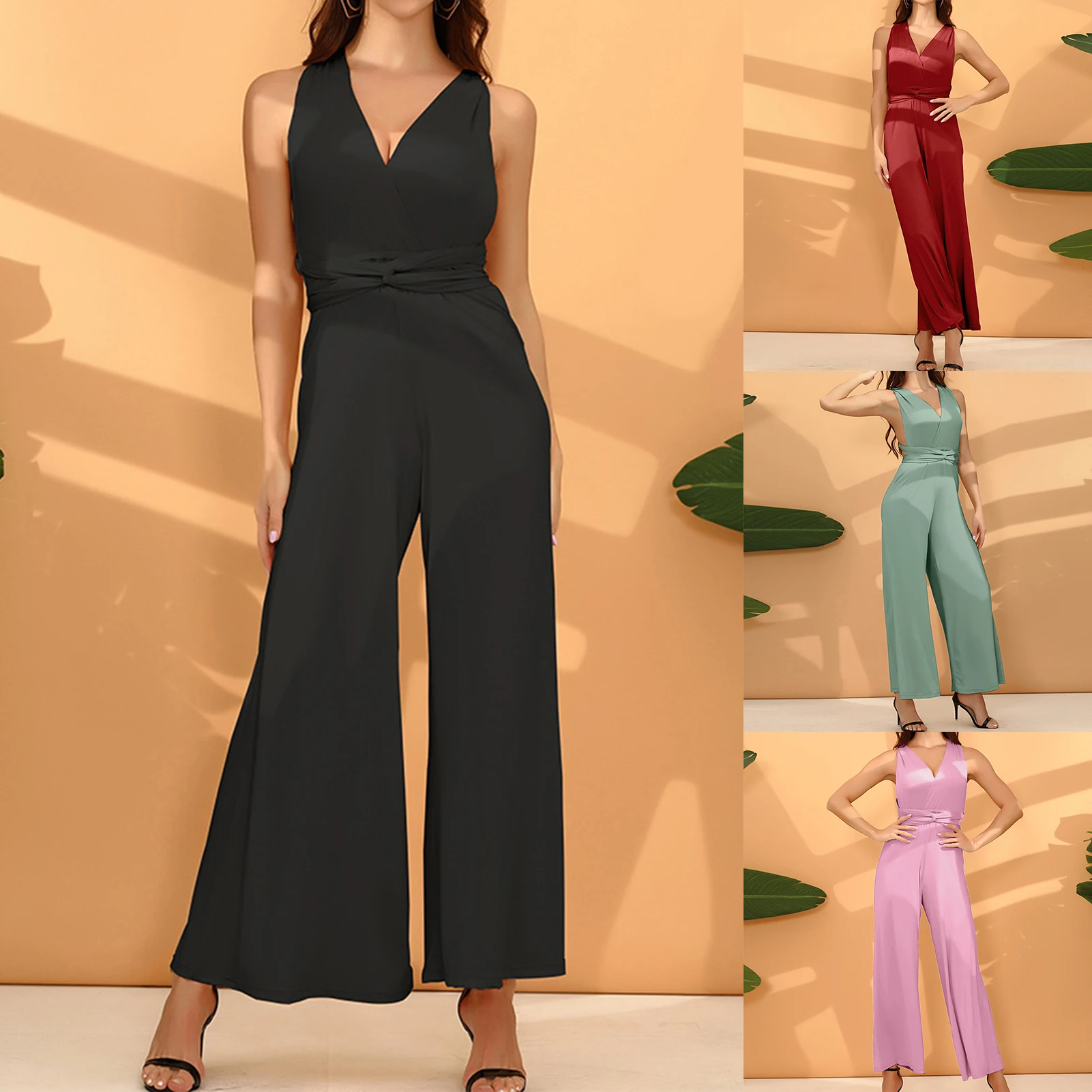 

Women Wide Leg Trousers Jumpsuit V Neck Sexy Sleeveless Jumpsuit Lace Up Backless Multi-Wear Solid Jumpsuit Beach Playsuits 2023
