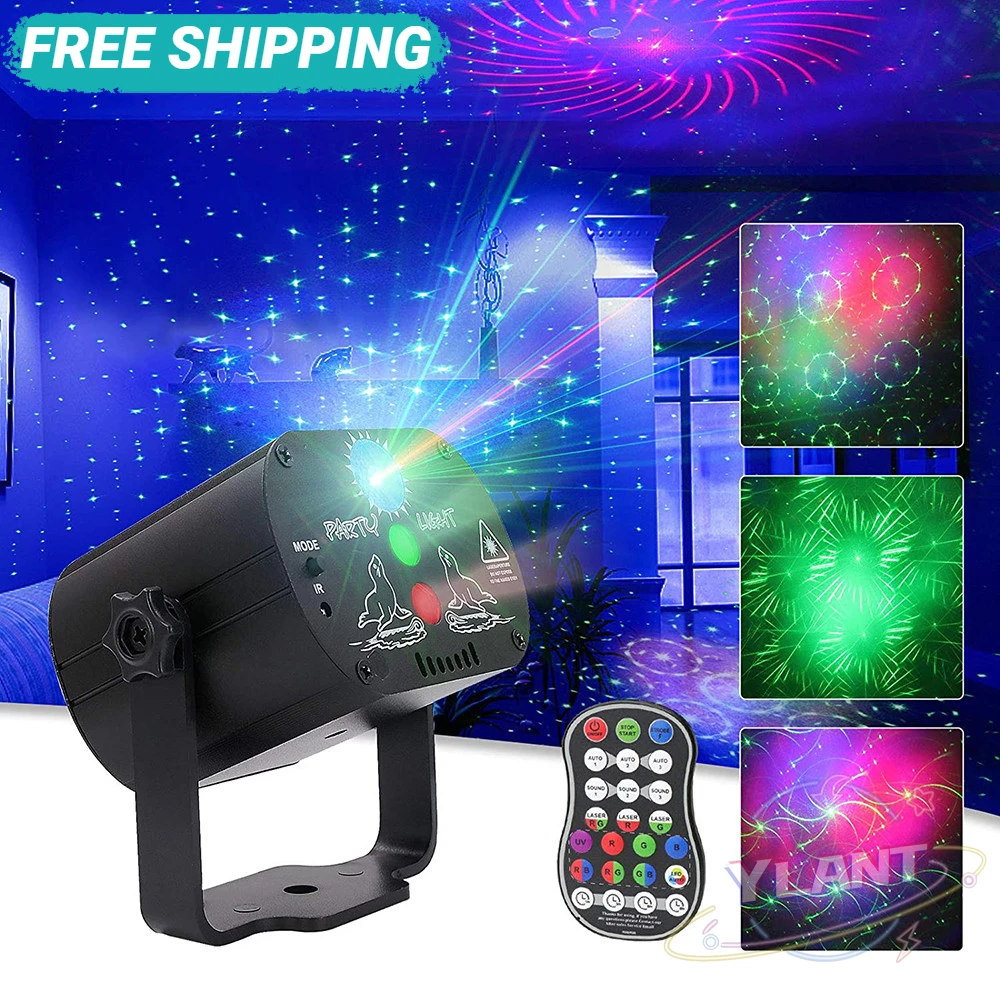 

60 patterns Mini DJ Disco Light Party Stage Lighting Effect Voice Control USB Laser Projector Strobe Lamp for Home Dance Floor