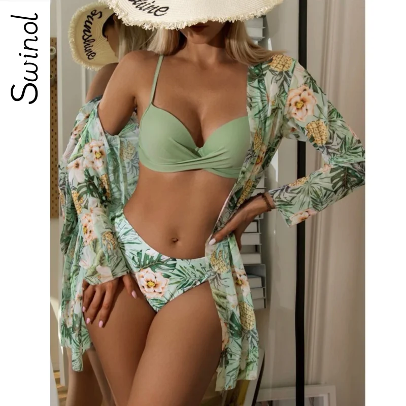 

Сексуальный комплект бикини Swinol с низкой талией, накидка, купальник из 3 предметов, пуш-ап, купальник с длинным рукавом, женский пляжный купальный костюм
