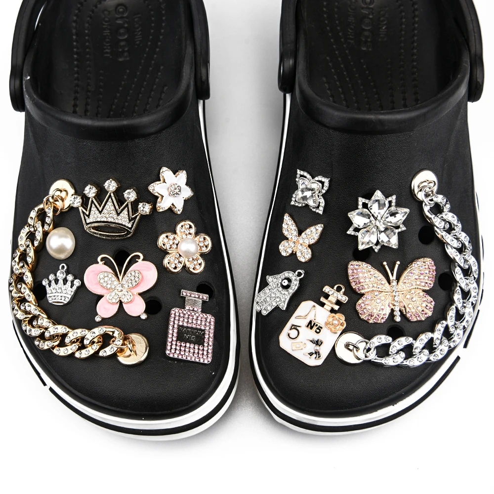 Bling Metal Croc Shoe Charms Women Butterfly Queen Crown Shoe Decorations Girl Flower Rhinestone Chains Wristband Accessories