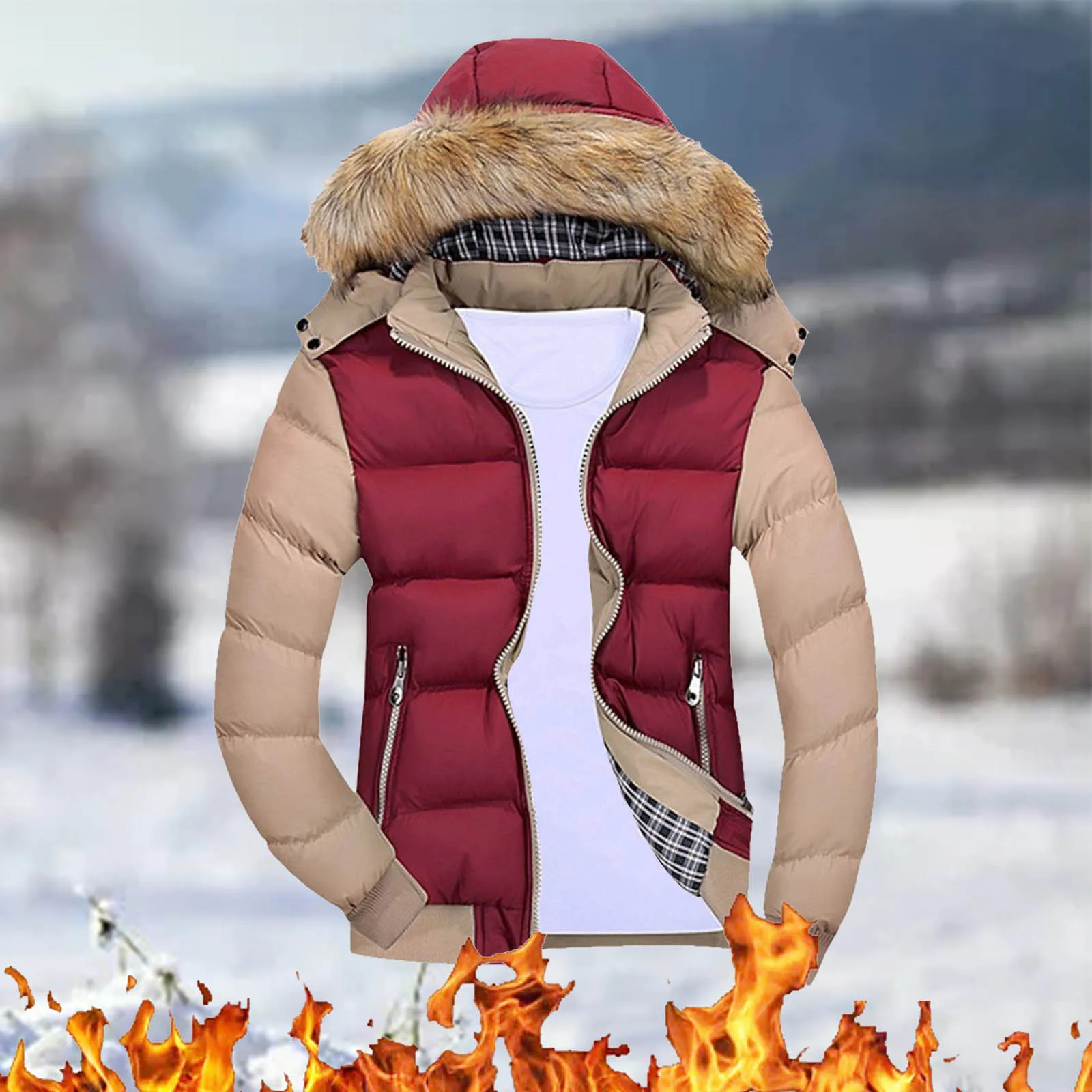 

Men's Autumn&Winter Color Matching Long Sleeved Jacket Hooded Collar