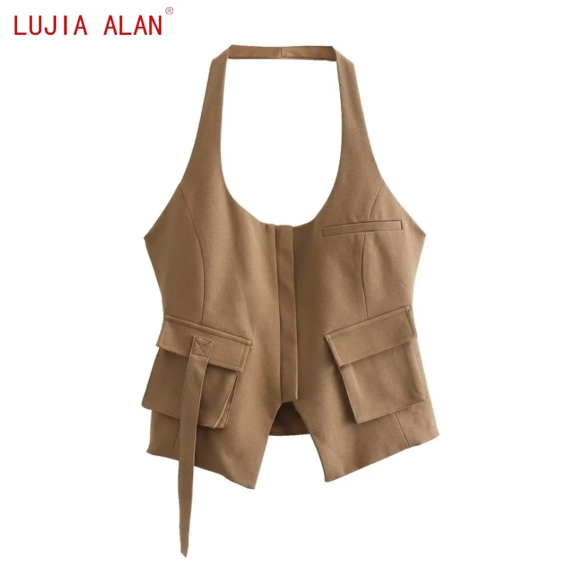 

Autumn New Women Zip Placket Halter Shirt Female Pocket Decoration Blouse Casual Slim Fit Tops LUJIA ALAN B2356