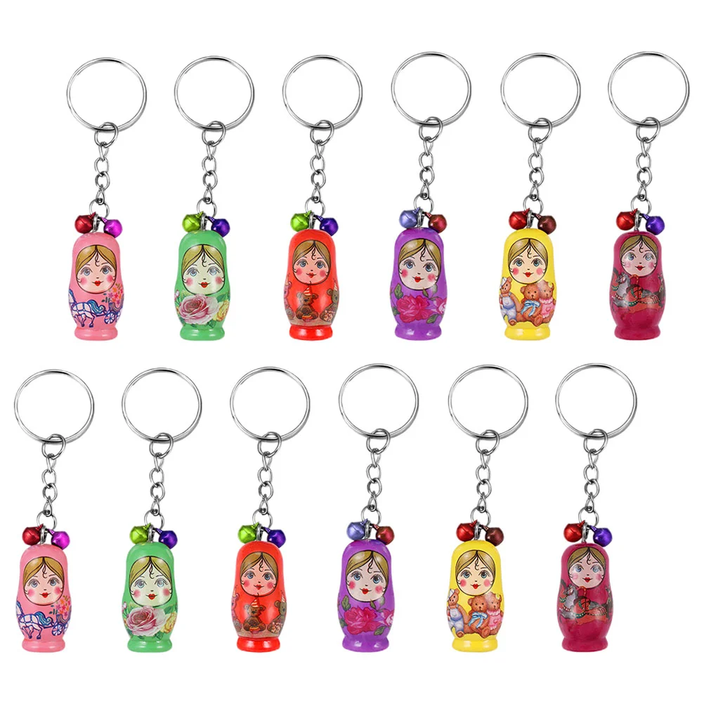 

12 Pcs Keychain Car Keys Colorful Painting Rings Matryoshkas Chains Wood Crafts Bag Pendants Hanging Decors Child