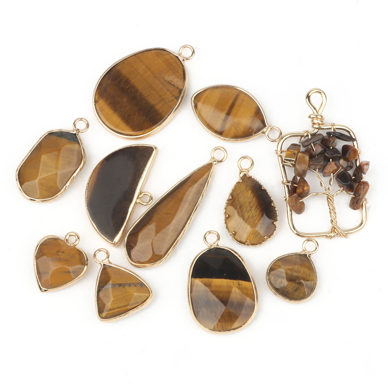 1pcs Natural Yellow Tiger Eye Stone Pendant Fashion Heart Oval Waterdrop Life Tree Charms For Earring Necklace Jewelry Making