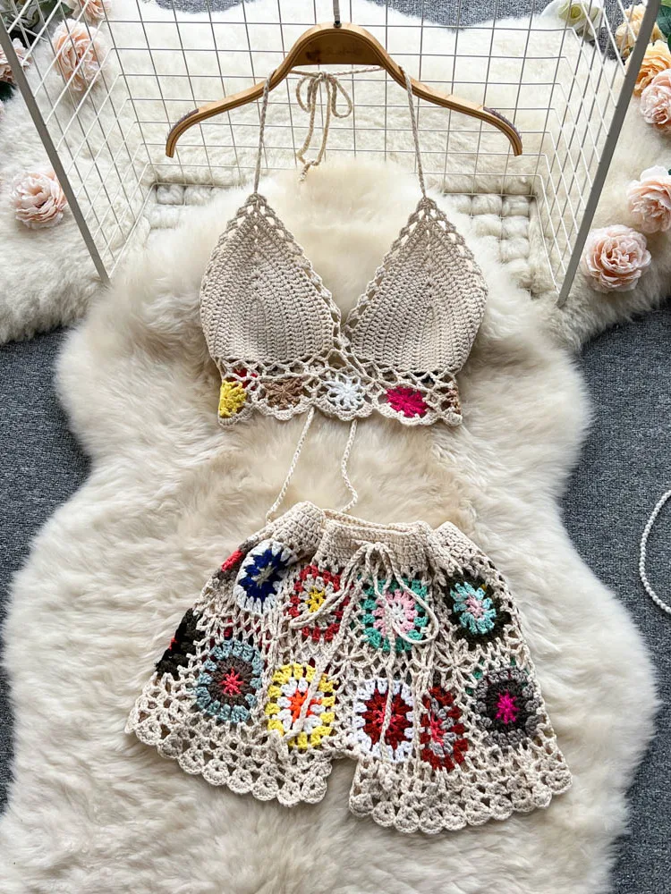 

Женские пикантные майки с бахромой, укороченные топы, костюмы, вязаные крючком Купальники, комплект из двух предметов, кофта, женские шорты ...