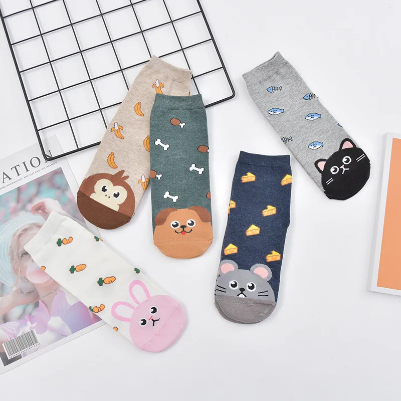4-5 Pairs Newest Colorful Harajuku Korean Kawaii Cute Women Socks Cartoon Cat Dog Owl Stripe Avocado Girl Cotton Socks
