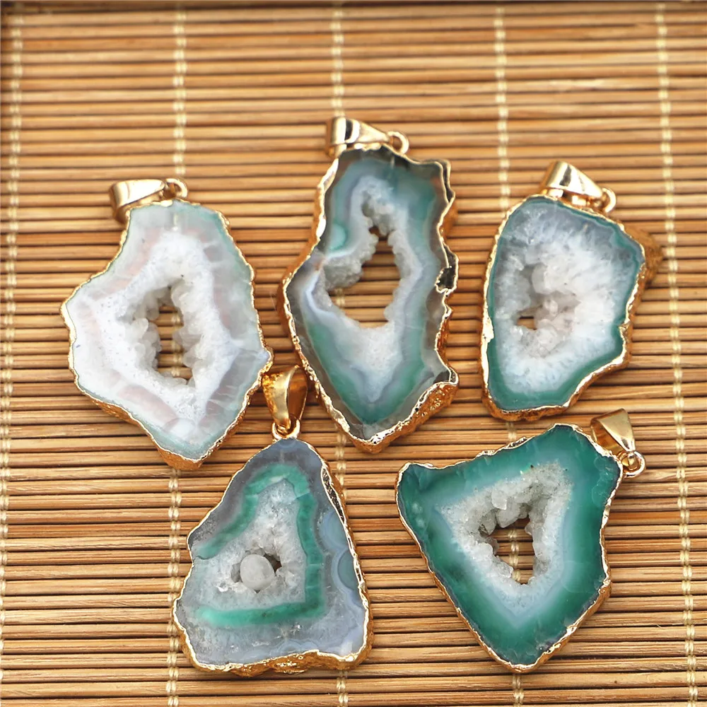 Natural Stone Green Agates Druzy Irregular Phnom Penh Pendants Necklace Crystal Charms Jewelry Accessories Making Wholesale 4PCS